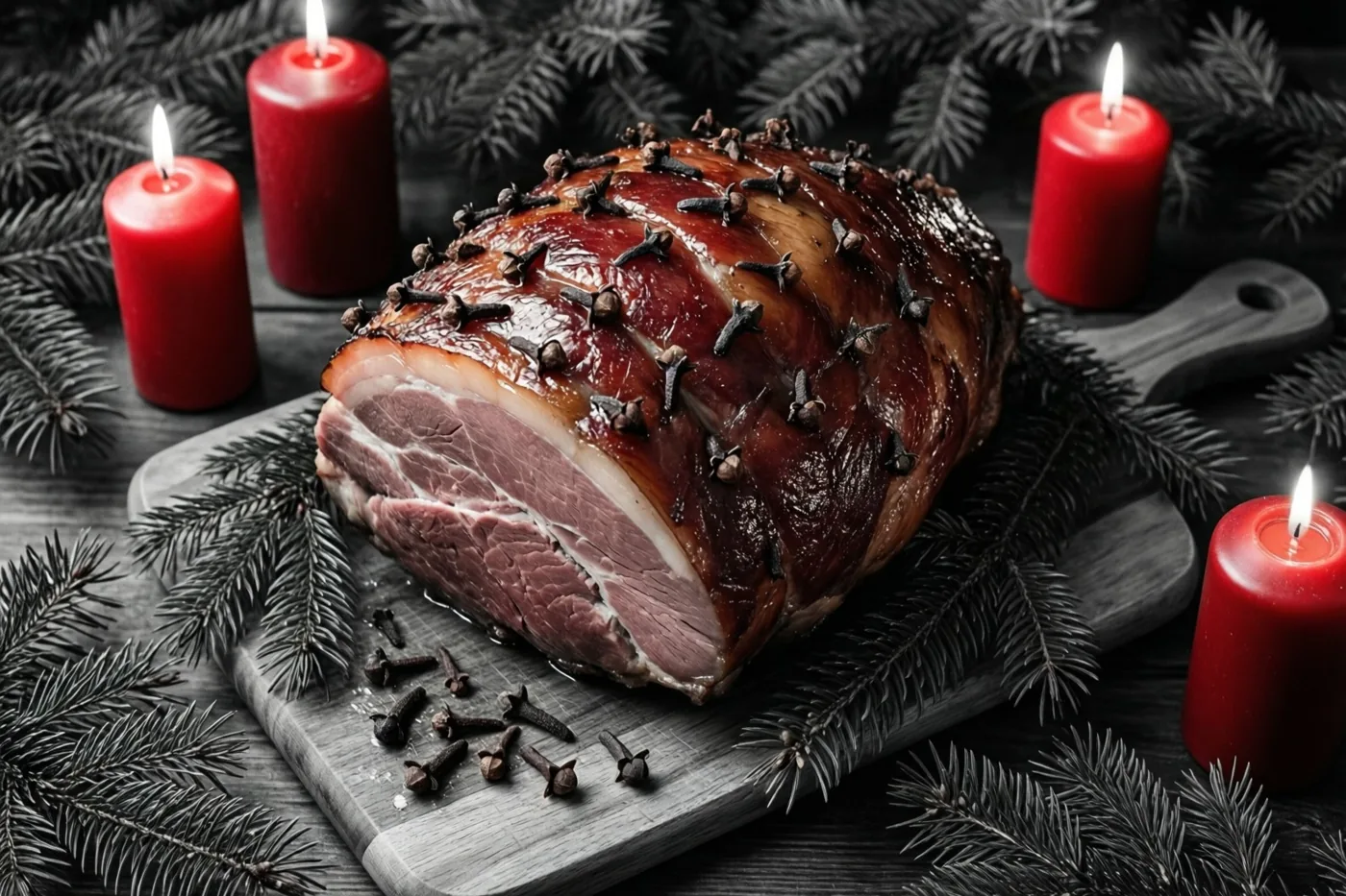 Een geglaceerde ham met kruidnagels ligt op een houten snijplank tussen dennentakjes en brandende rode kaarsen tegen een donkere achtergrond.