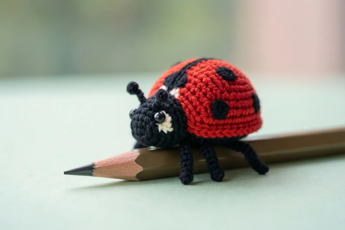 Een klein rood-zwart gehaakt lieveheersbeestje zit op een geslepen houten potlood, met een lichtgroene ondergrond en een onscherpe achtergrond.