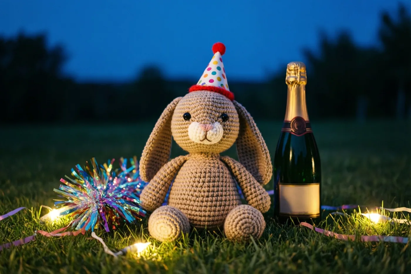 Een gehaakt konijntje met een feesthoedje zit bij schemering op het gras naast een champagnefles en serpentines, met warme lichtslingers boven het grasveld.