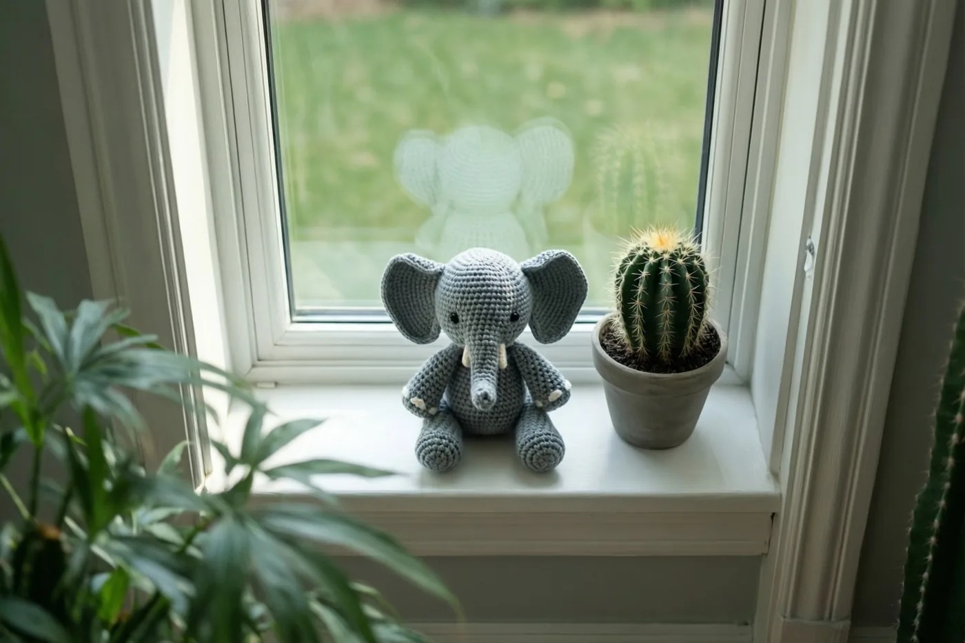 Een klein gehaakt grijs olifantje zit op een witte vensterbank naast een cactus in een pot, met zonlicht en groene planten op de voor- en achtergrond.