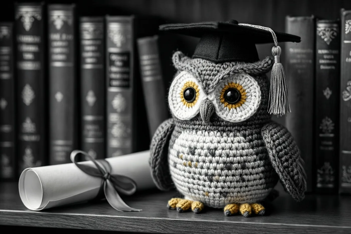 Een gehaakte uil met een afstudeerhoed zit naast een opgerold diploma op een houten plank voor een rij boeken, in zwart-wit met gele ogen en voeten.