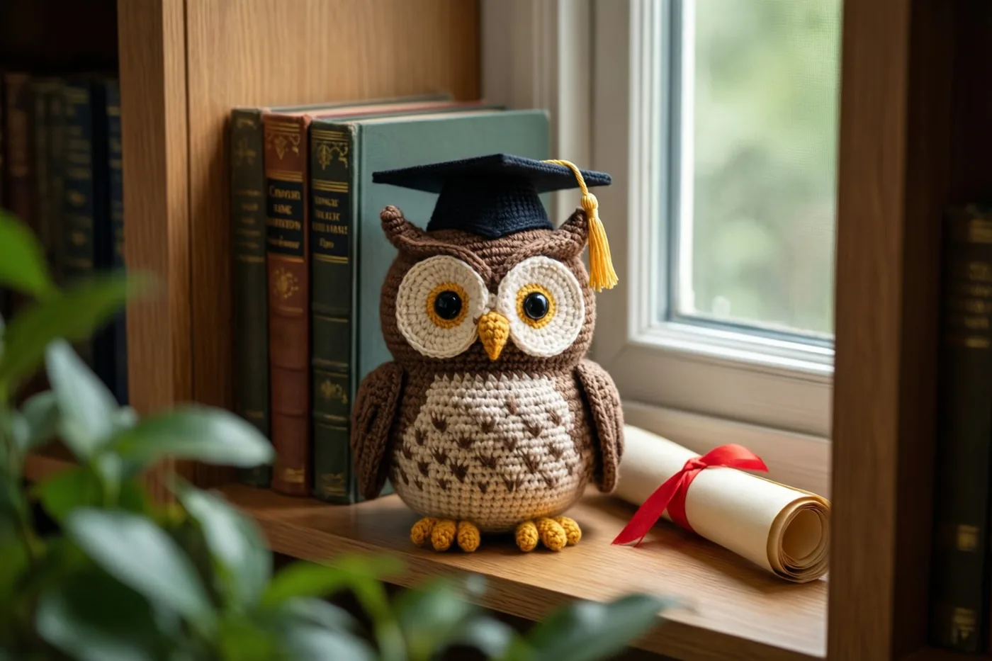 Een gehaakte uil met een afstudeerhoed zit naast een opgerold diploma met een rood lint op een houten boekenplank bij een raam, met boeken achter zich en groen op de voorgrond.