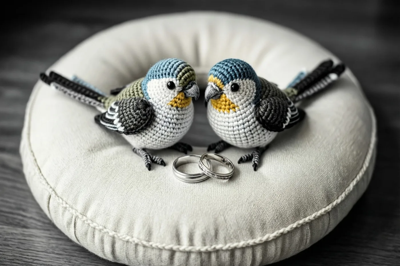 Twee kleine gehaakte dwergpapegaaien zitten tegenover elkaar op een ivoorkleurig ringkussen op donker hout, met twee zilveren trouwringen tussen hen.