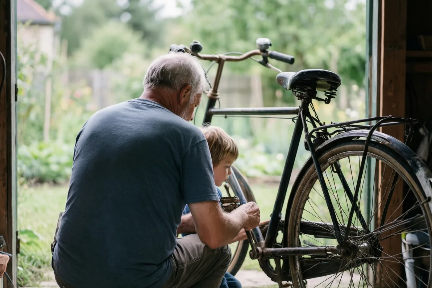 Een oudere man en een jong kind hurken met hun rug naar de kijker bij een oude zwarte fiets om die in een tuinhuis te herstellen, met daglicht en groen buiten.