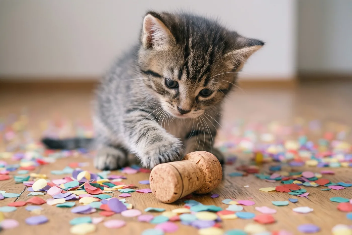 Een klein gestreept katje zit laag op een houten vloer en tikt tegen een champagnekurk tussen kleurrijke confetti.