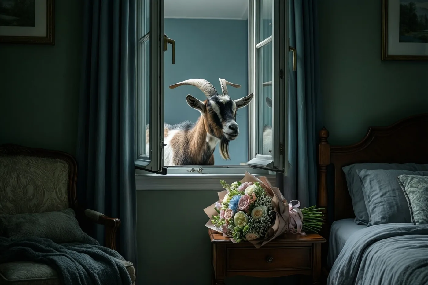 Een geit met gebogen hoorns kijkt door een open raam een donkere slaapkamer in, met donkergroene muren, blauw beddengoed en een boeket op een houten nachtkastje.