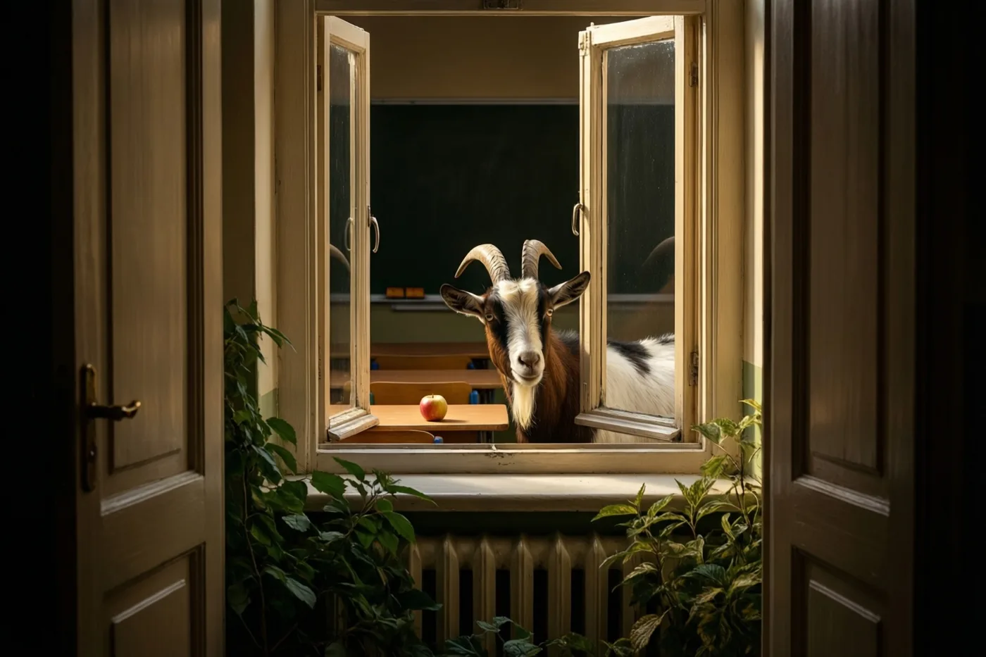 Een geit met gebogen hoorns kijkt door een open raam een zonnig klaslokaal in, met een appel op een houten bureau, groene planten vooraan en een donker schoolbord achteraan.