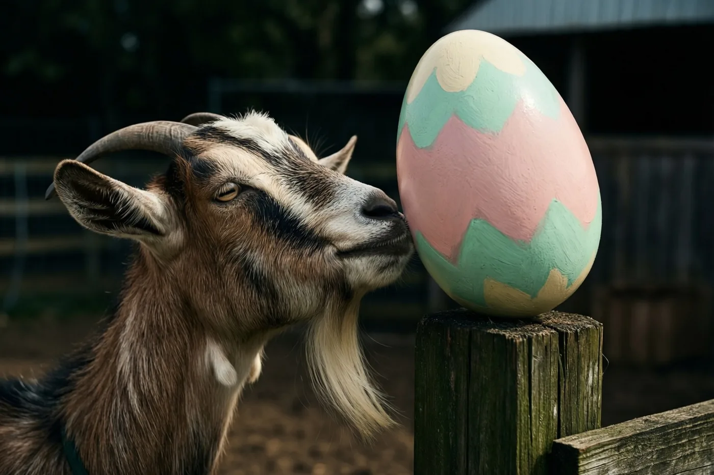 Een bruin-witte geit met gebogen hoorns besnuffelt een groot paasei met roze en blauwgroene zigzagpatronen op een verweerde houten weidepaal, tegen een donkere, wazige achtergrond op een boerenerf.