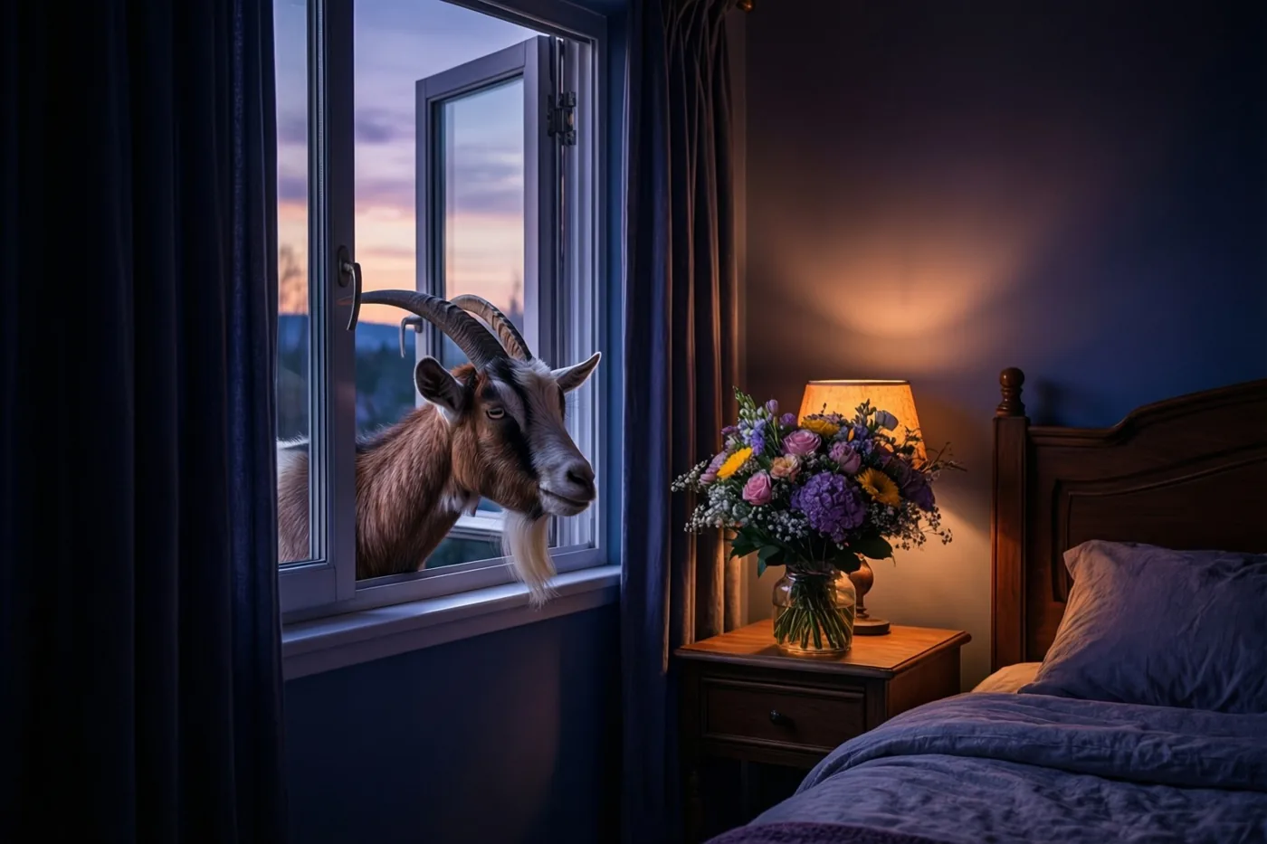 Een geit met gebogen hoorns kijkt door een open slaapkamerraam naar een kleurrijk boeket op een nachtkastje, in het warme licht van een lamp.