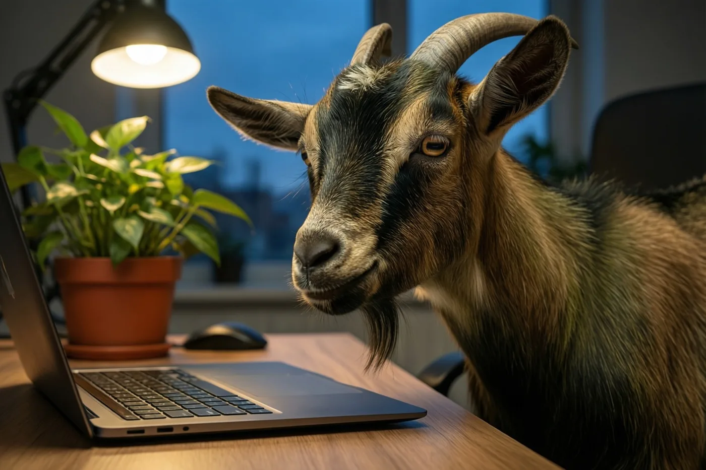 Een geit bevindt zich op een houten bureau naast een open laptop en een potplant, verlicht door een bureaulamp, met een schemerblauwe lucht achter het raam.