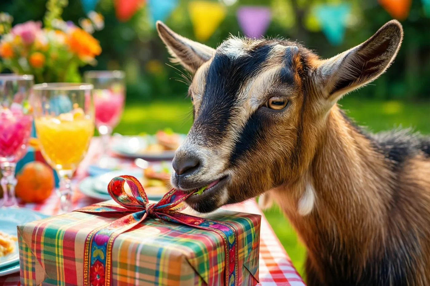 Een geit knabbelt aan het lint van een cadeau in kleurrijk geruit papier op een tuintafel, met bloemen en vlaggetjes op de achtergrond.