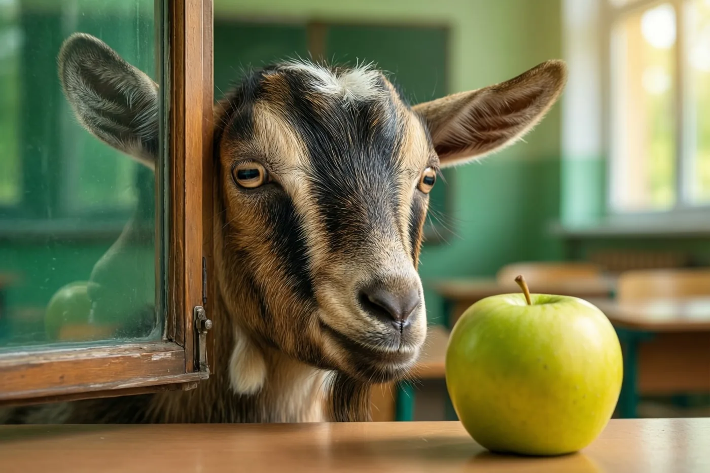 Een geit kijkt door een open houten raam naar een groene appel op een bureau in een klaslokaal met groene muren en houten meubels.