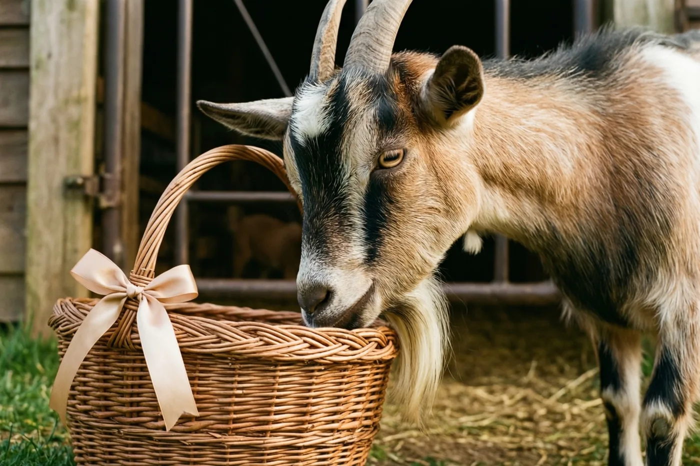 Een geit met gebogen hoorns snuffelt aan een rieten mand met een beige strik bij een houten boerderijhek.