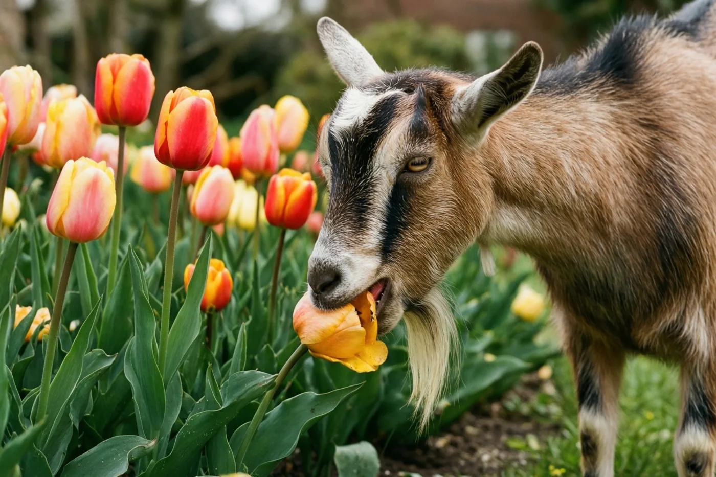 Een geit eet een gele tulp uit een tuinborder vol kleurrijke tulpen en groen gebladerte.