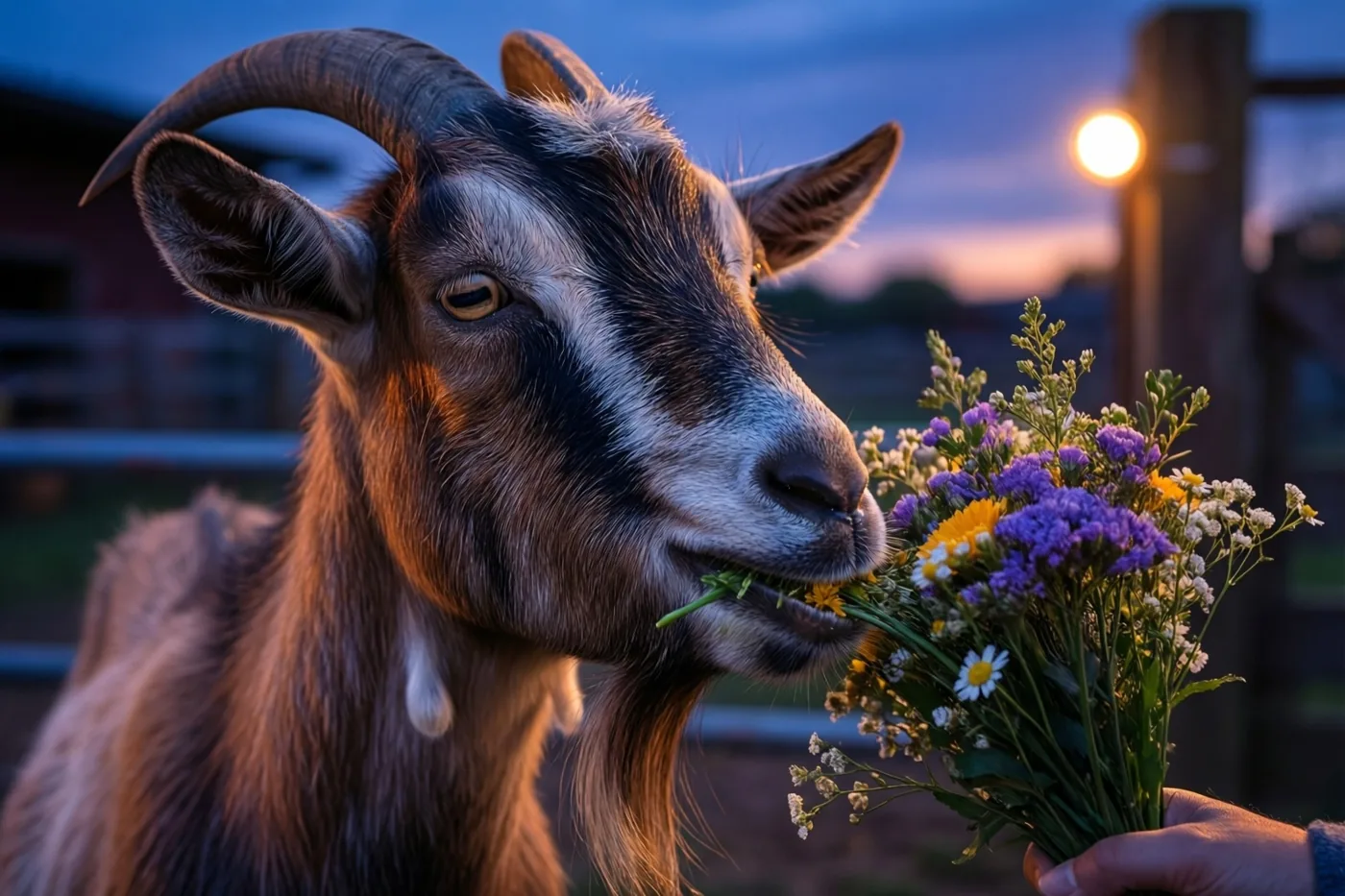 Een geit met gebogen horens eet aan een boerderijhek van paarse, gele en witte bloemen die een hand vasthoudt, onder een schemerige blauwe hemel.