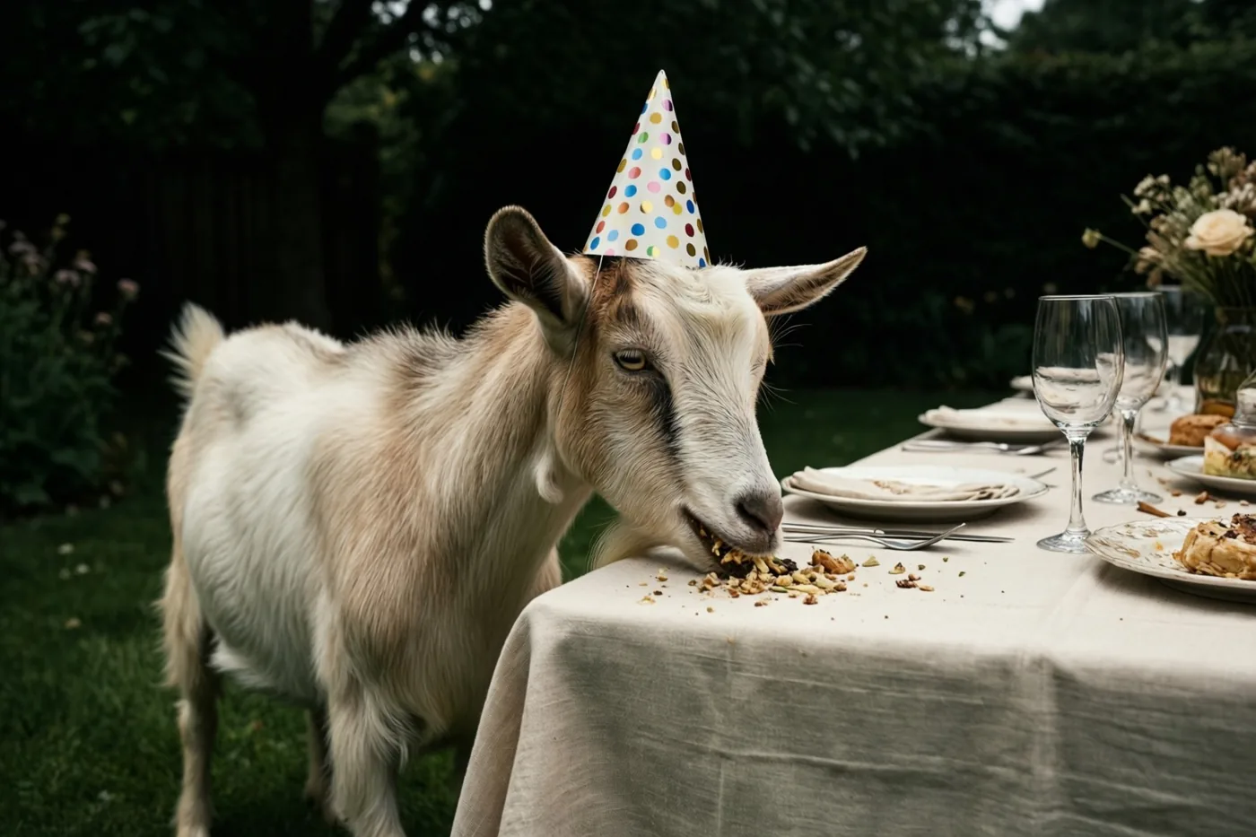 Een geit met een kleurrijk gestippeld feesthoedje eet kruimels van een neutraal gekleurd tafelkleed aan een verjaardagstafel in een groene tuin.