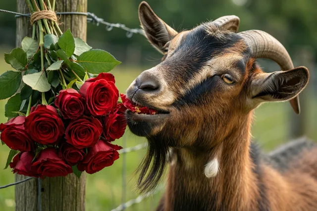 Een geit met gebogen horens eet rode rozen uit een boeket dat aan een houten weidepaal is vastgebonden, in een grasveld met een wazige groene achtergrond.