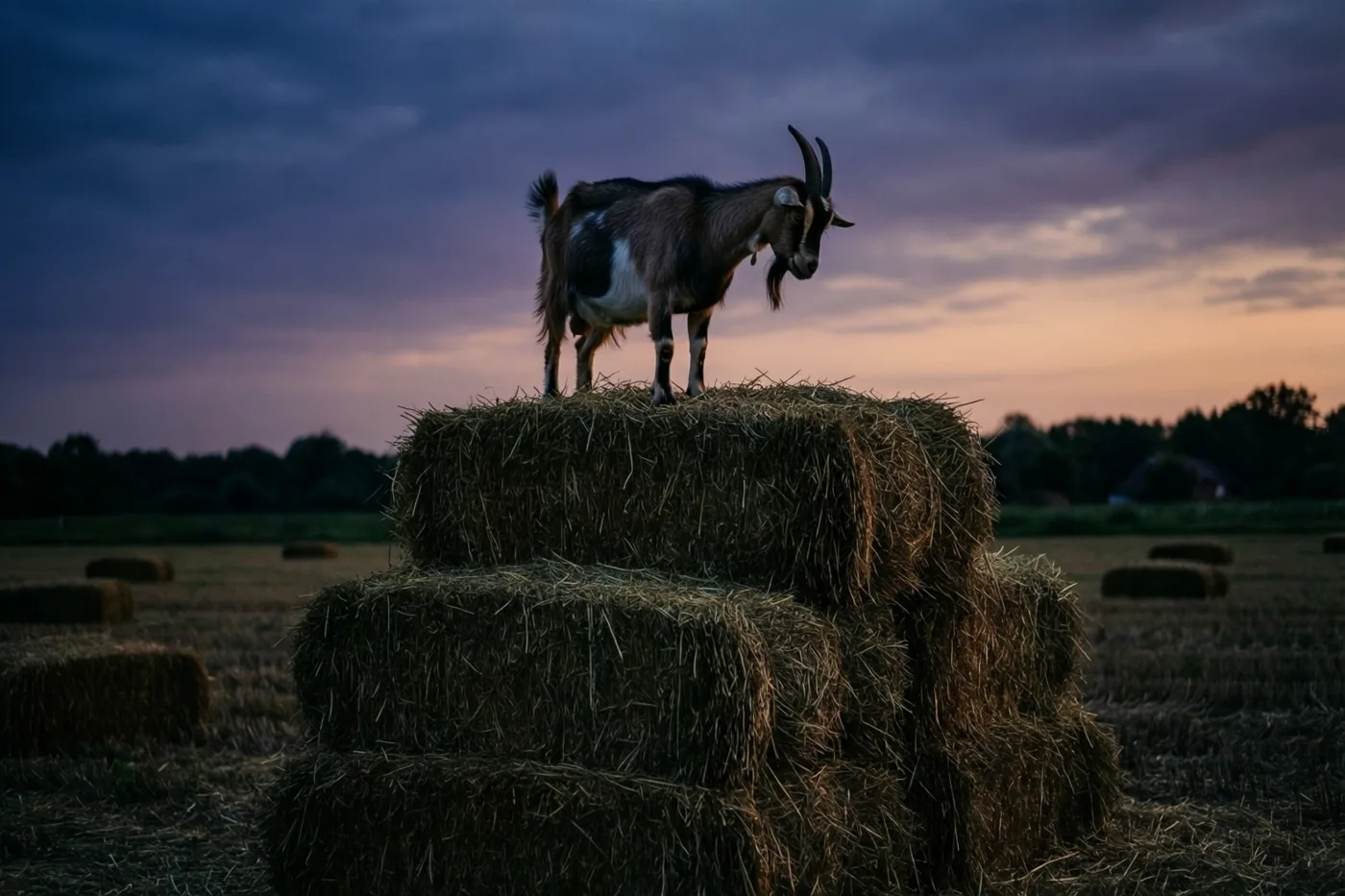 Een geit met gebogen horens staat boven op een hoge stapel hooibalen in een veld onder een paarsoranje avondlucht.