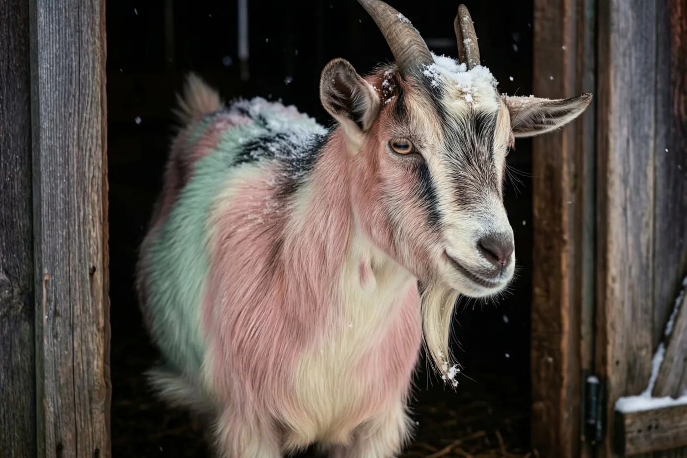 Een geit met sneeuw op de rug staat in de deuropening van een houten schuurtje, in een beeld met roze, blauwgroene, witte en bruine tinten.