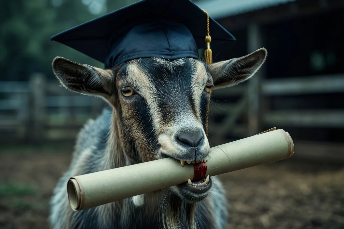 Een geit met een afstudeerhoed houdt een opgerold diploma in haar bek en kauwt op het uiteinde, met een onscherp boerenerf op de achtergrond.