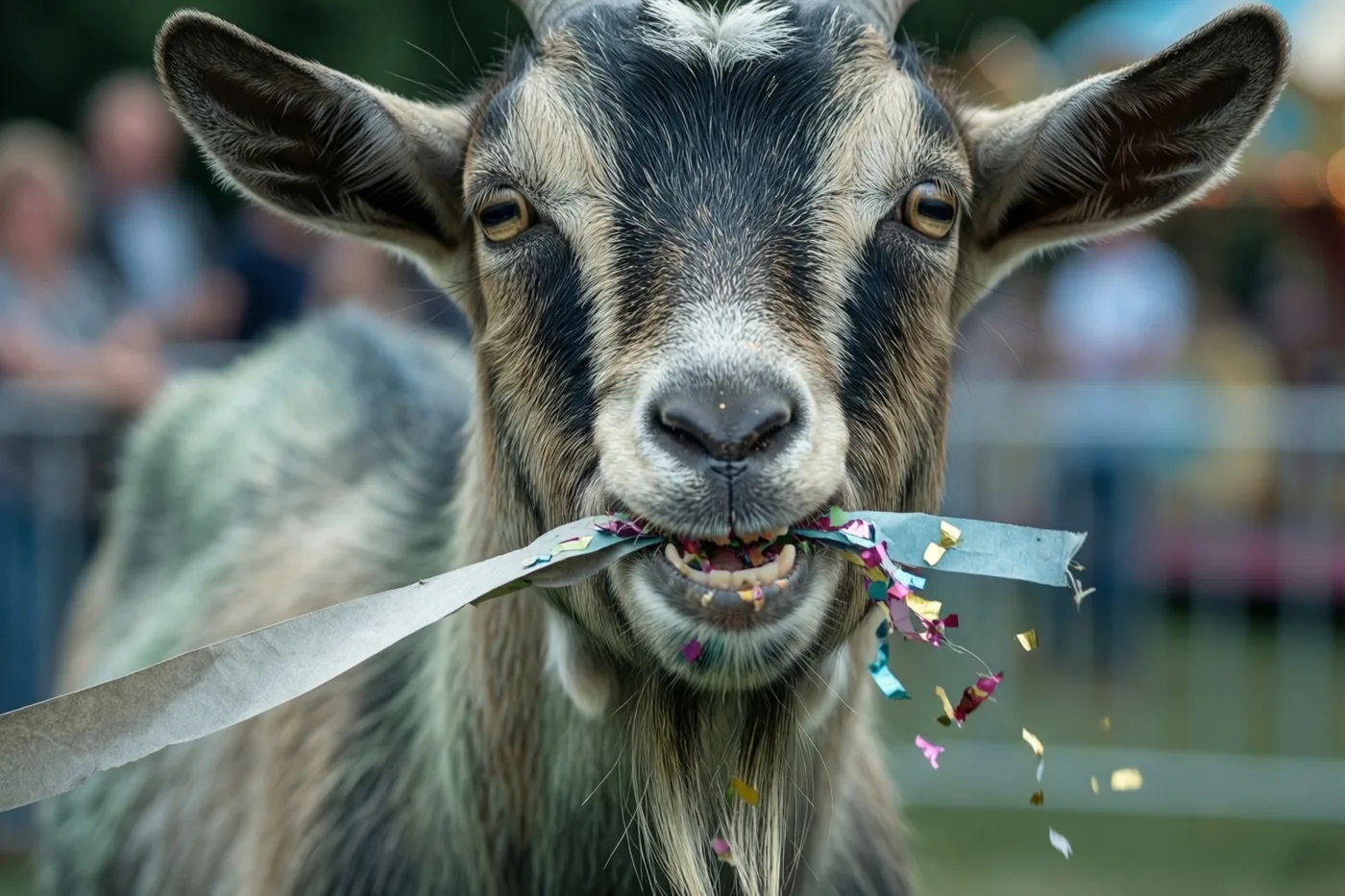Een geit met een zwart en bruin gezicht kauwt op een lange papieren serpentijn vol confetti, met ook confetti in haar baard en onscherpe mensen en lichtjes op de achtergrond.