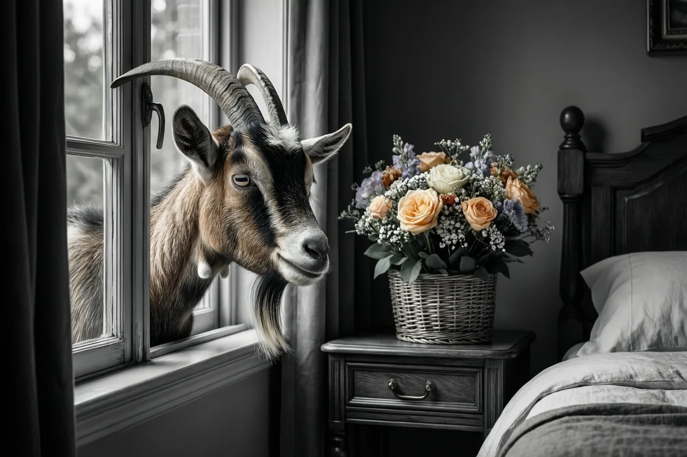 Een geit met gebogen hoorns kijkt door een open raam naar een kleurrijk boeket op een nachtkastje in een donkere slaapkamer met donkere meubels en gordijnen.