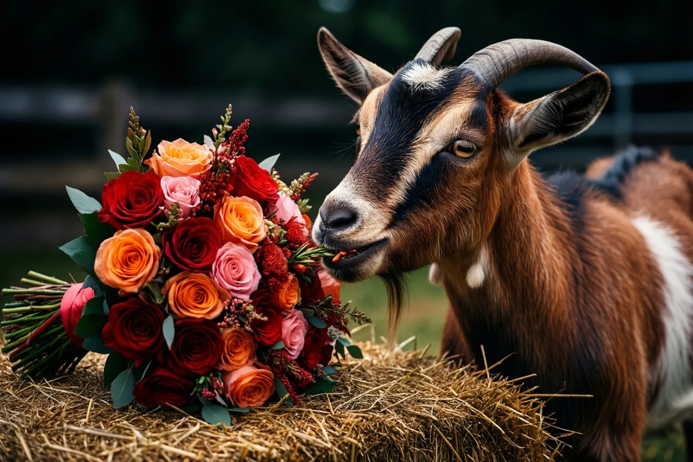 Een geit met gebogen hoorns knabbelt aan een bruidsboeket met rode, oranje en roze rozen op een hooibaal, buiten op een boerderij met een onscherpe achtergrond.