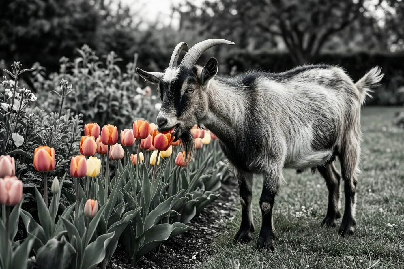 Een geit met gebogen horens knabbelt aan een groep kleurrijke tulpen in een tuinborder tegen een zwart-witte achtergrond.