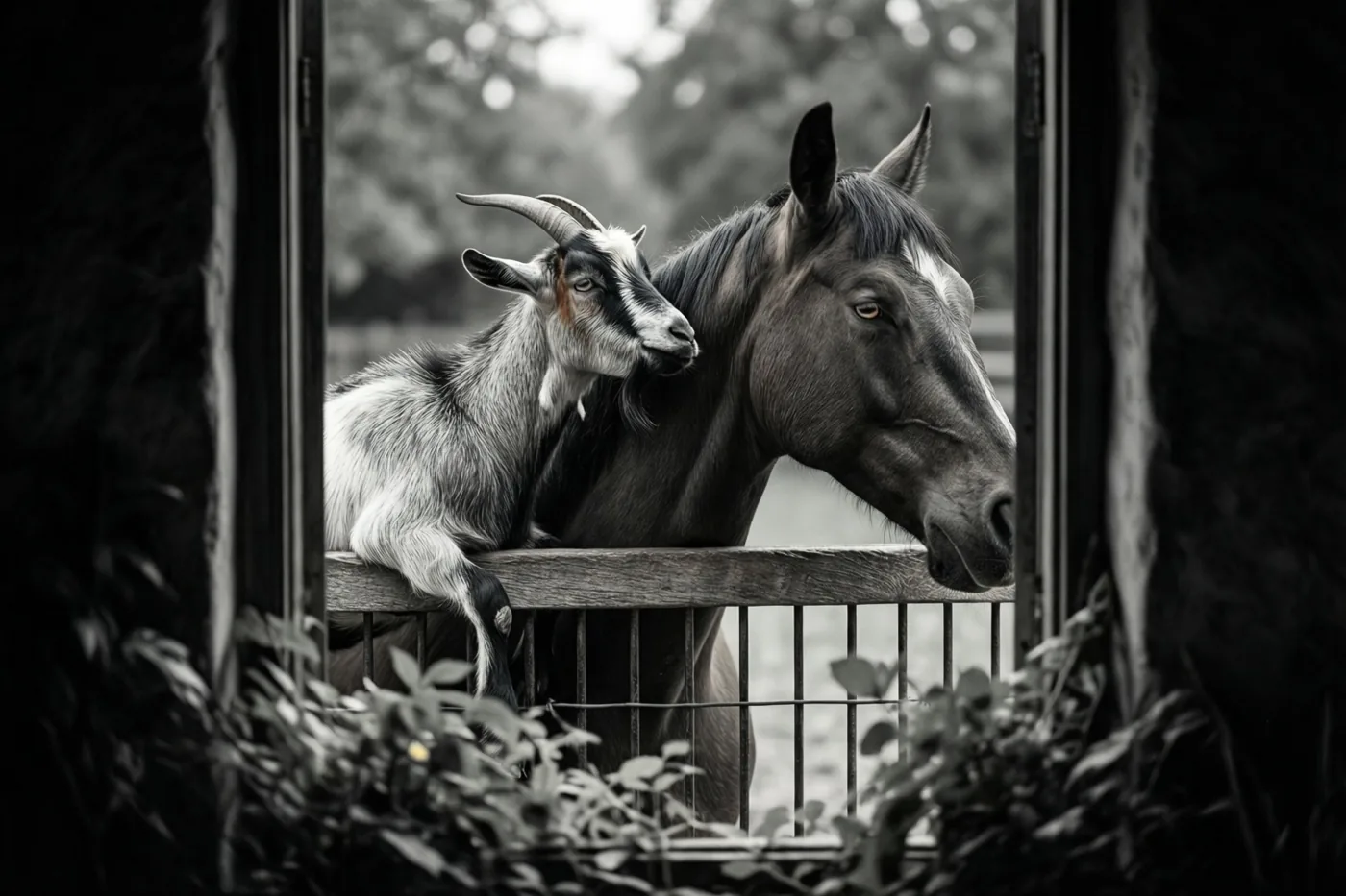 Een geit legt haar kop op de hals van een paard boven een houten hek, gezien door een donker kader met bladeren vooraan op een zwart-witfoto.