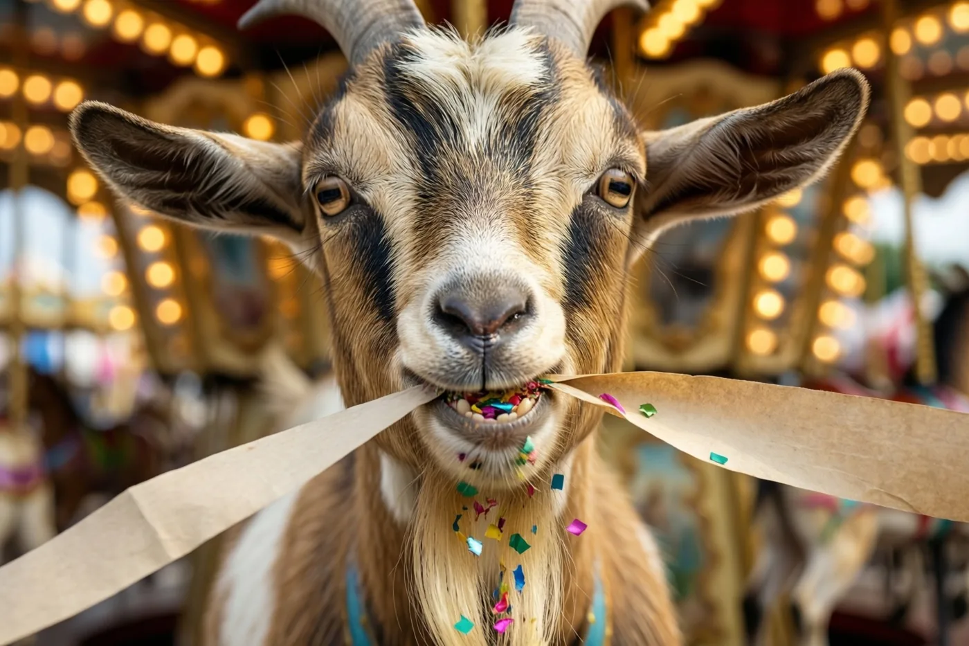 Een geit met horens kauwt op een lange papieren serpentijn, met kleurrijke confetti in haar baard en onscherpe warme feestlichtjes op de achtergrond.