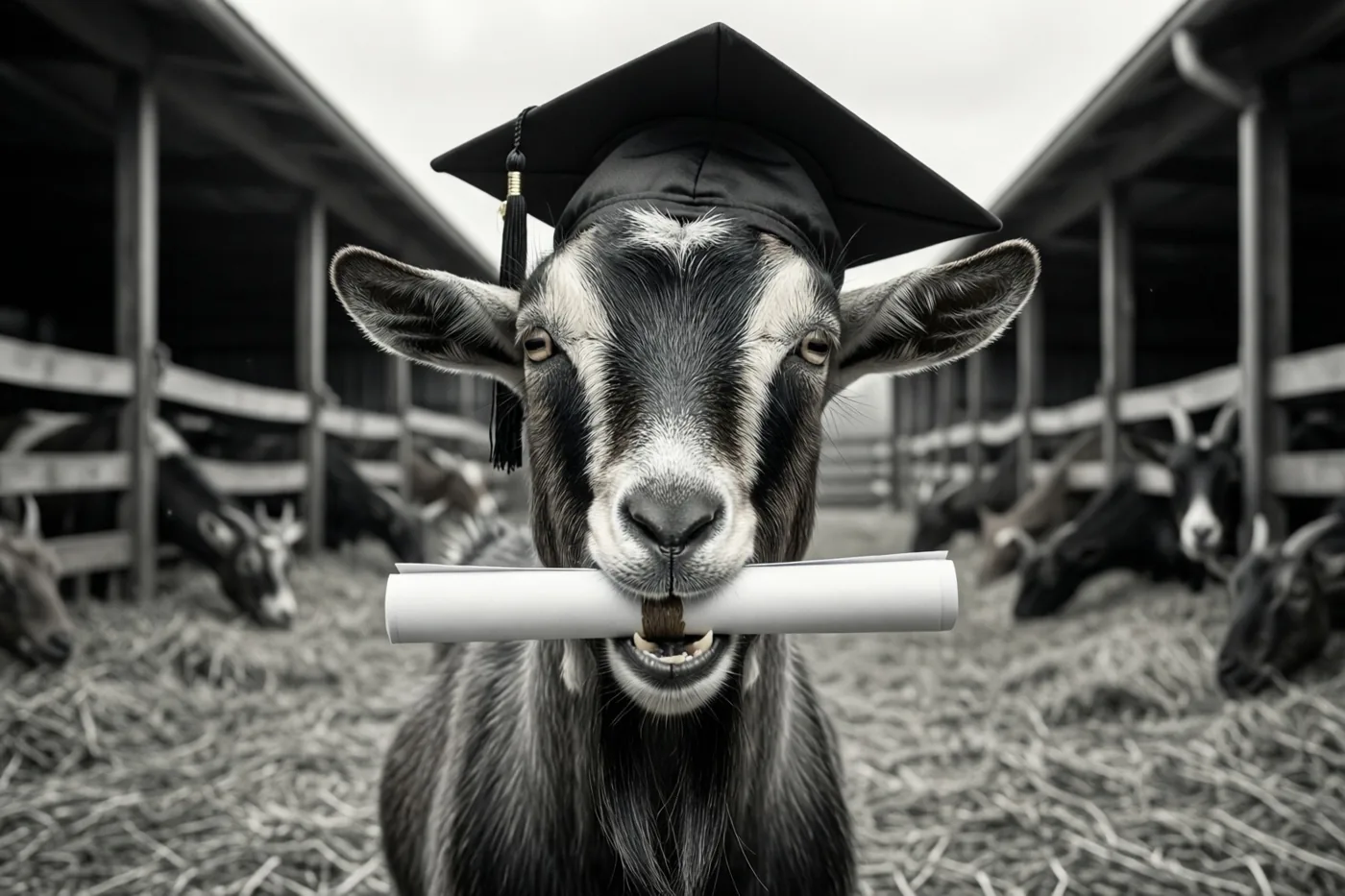 Op een zwart-witfoto staat een geit met een afstudeerhoed en een opgerold diploma in haar bek op een boerenerf, met andere geiten op de achtergrond.
