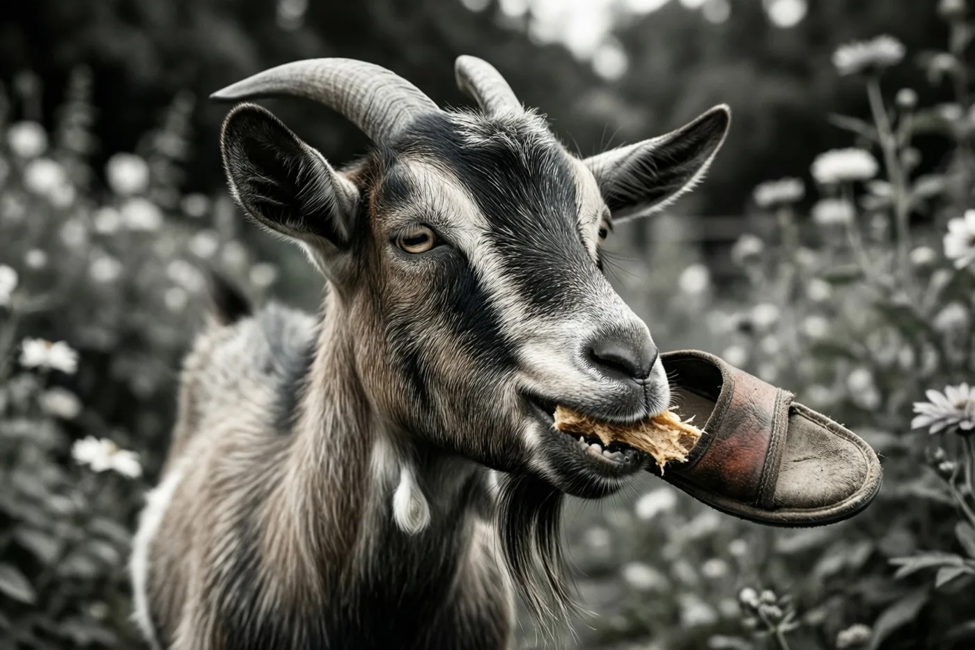 Een geit met gebogen hoorns houdt in een tuin een kapotgekauwde pantoffel in haar bek, waarbij alleen de pantoffel kleur heeft in het zwart-witbeeld.