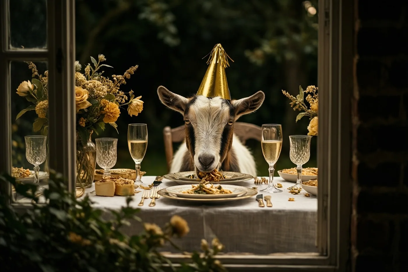 Een geit met een gouden feesthoedje eet van een bord aan een gedekte tuintafel met gele bloemstukken en champagneglazen, gezien door een open raam.