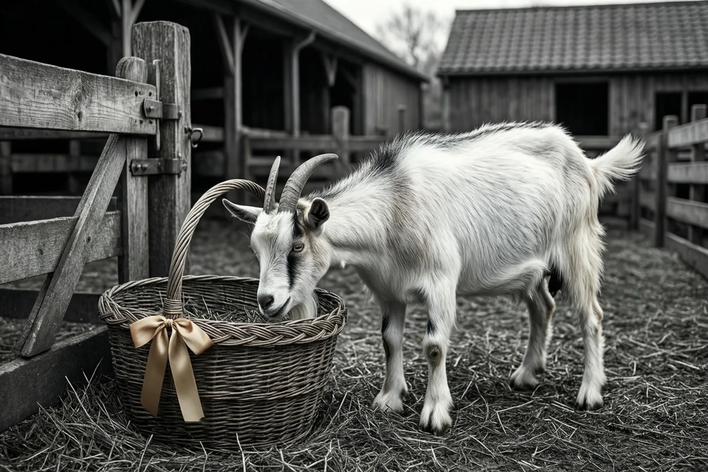 Een geit met gebogen hoorns snuffelt aan een rieten mand bij een houten boerderijhek, met houten gebouwen op de achtergrond en alleen de gouden strik in kleur.