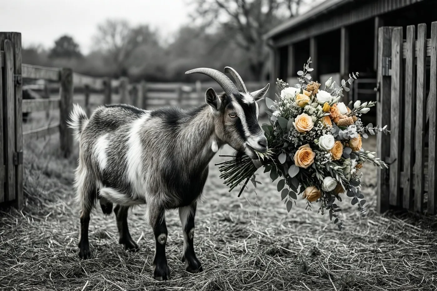 Een geit met gebogen horens staat op stro bij een boerderijhek met een kleurrijk boeket in haar bek, voor een zwart-witte achtergrond met een houten omheining en schuur.