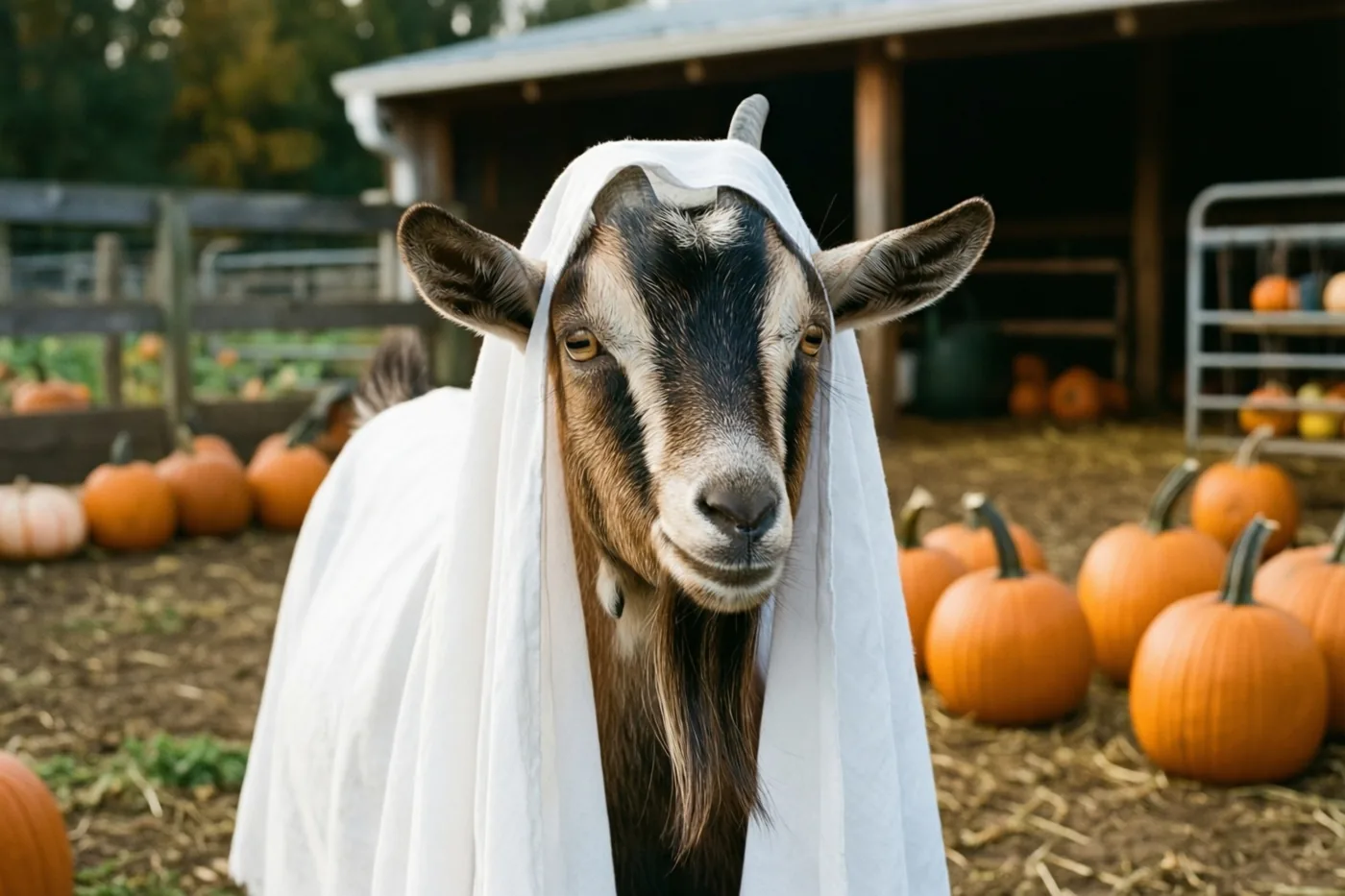Een geit onder een wit spooklaken staat tussen pompoenen op een erf met een schuur op de achtergrond, in aardse herfstkleuren.