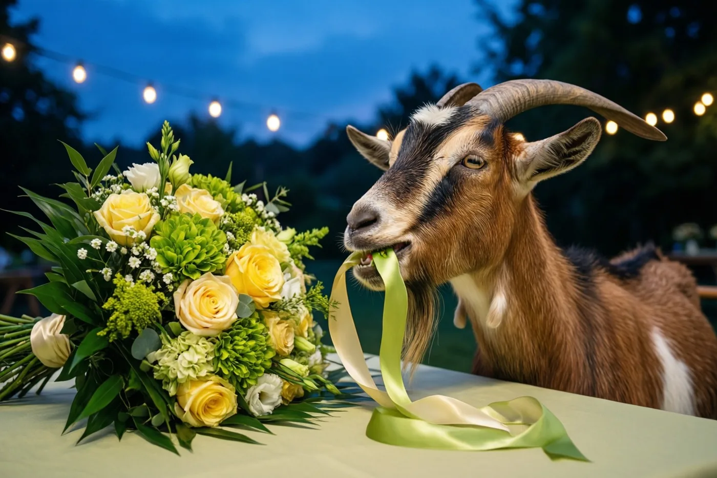 Een geit met gebogen hoorns kauwt op een lichtgroen satijnen lint van een groot boeket op een tafel buiten, met lichtslingers in de schemering op de achtergrond.