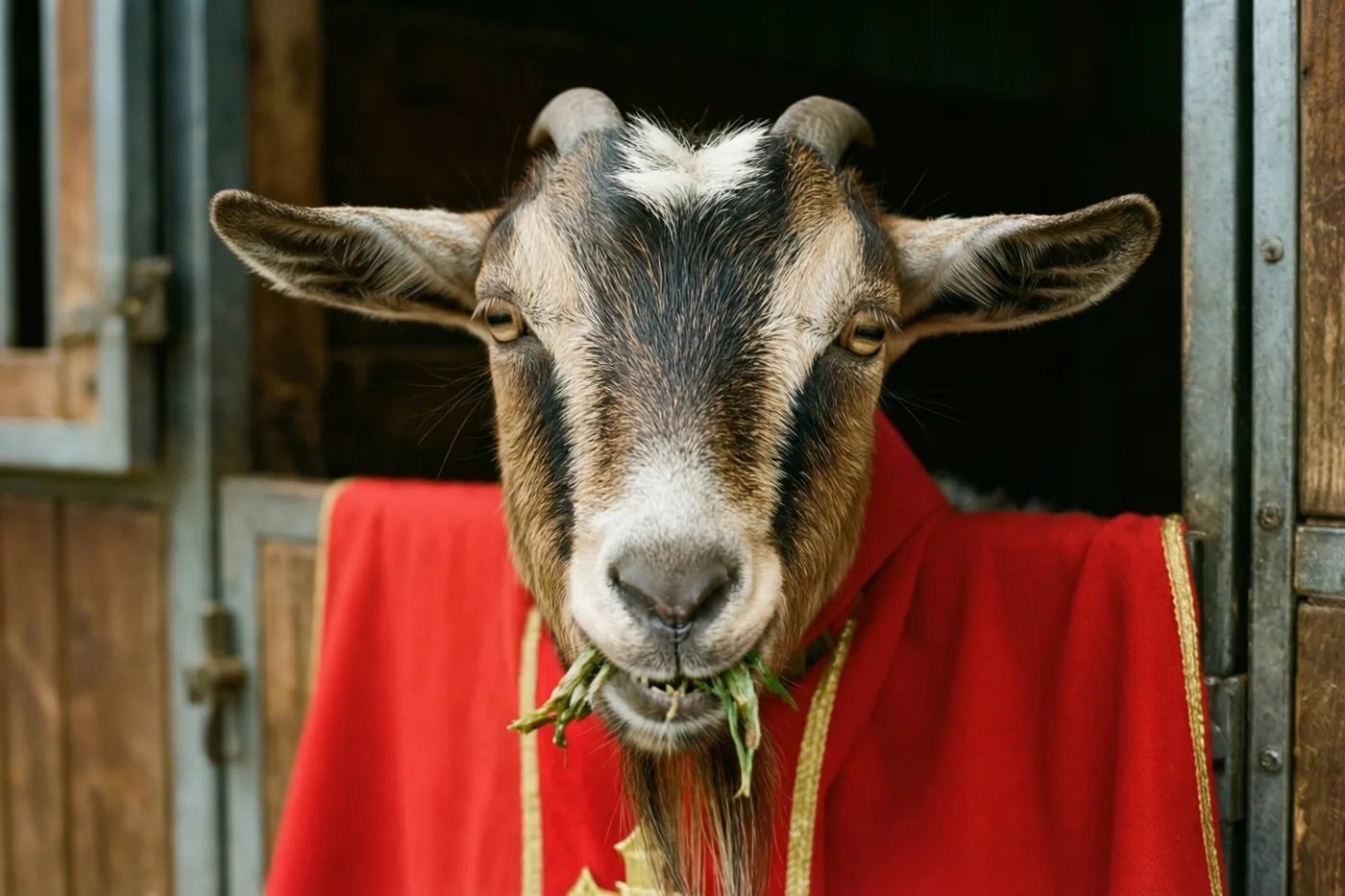 Een geit met een rode mantel over de schouders kauwt op de zoom en kijkt recht in de camera, voor een houten staldeur met metalen scharnieren en grendel.