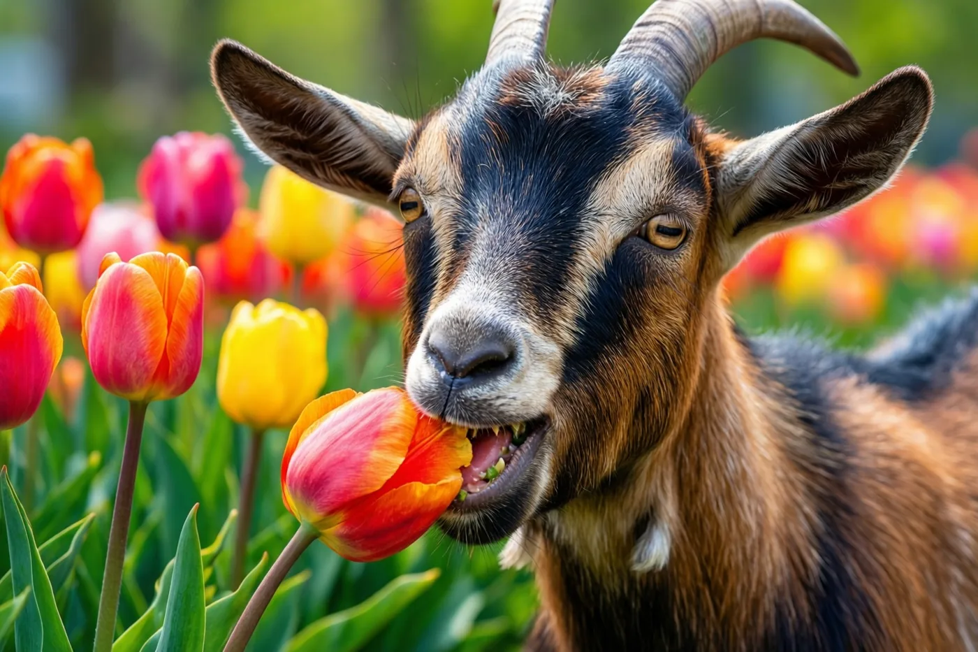Een geit met gebogen horens kauwt van dichtbij gezien op een rood-oranje tulp tussen rode, oranje en gele tulpen en groen blad.