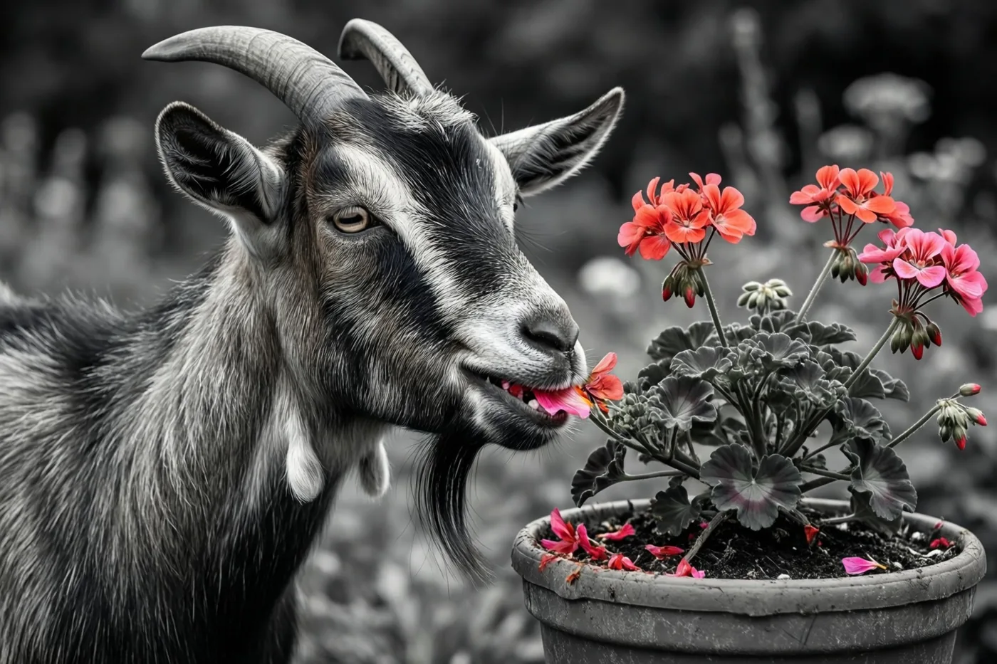 Een geit met gebogen horens is van opzij te zien met een roze bloemblaadje in haar bek naast een geranium in een pot, met roze bloemen en gekleurde gezichtstekening tegen een zwart-witte tuinachtergrond.