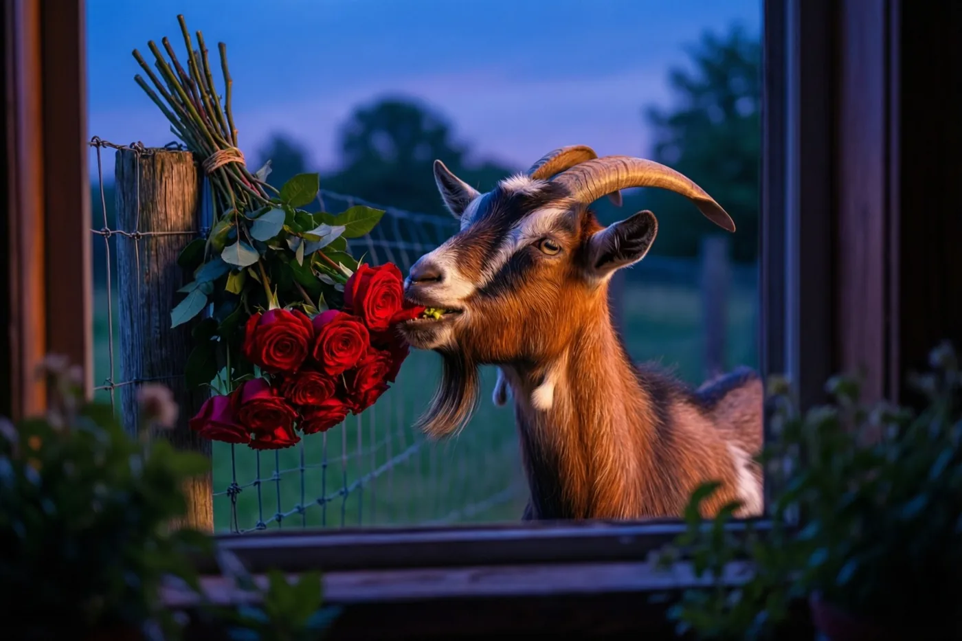 Door een raam is bij schemering een geit met gebogen horens te zien die rode rozen eet uit een boeket aan een houten weidepaal, met blauwe lucht en groen op de achtergrond.