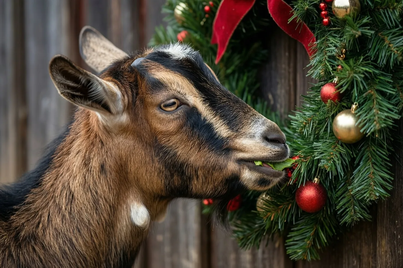 Een bruin-zwarte geit knabbelt aan een groene kerstkrans met rode en gouden versieringen, met een houten omheining op de achtergrond.
