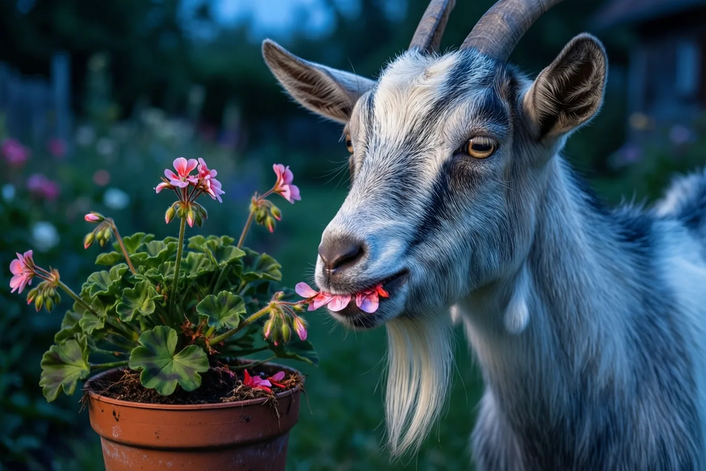 Een geit is van dichtbij te zien met roze bloemblaadjes in haar bek naast een aangevreten geranium in een pot, tegen een wazige tuinachtergrond in blauwe en groene tinten.
