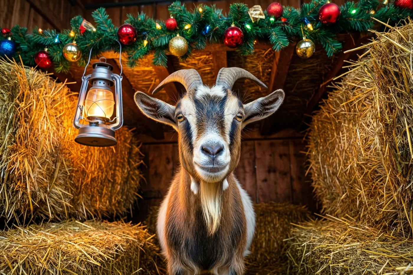 Een geit met gebogen hoorns kijkt recht naar de camera in een stal vol stro, onder een houten balk met een dennenslinger, rode en gouden versiering en lichtjes, met daarnaast een brandende lantaarn.