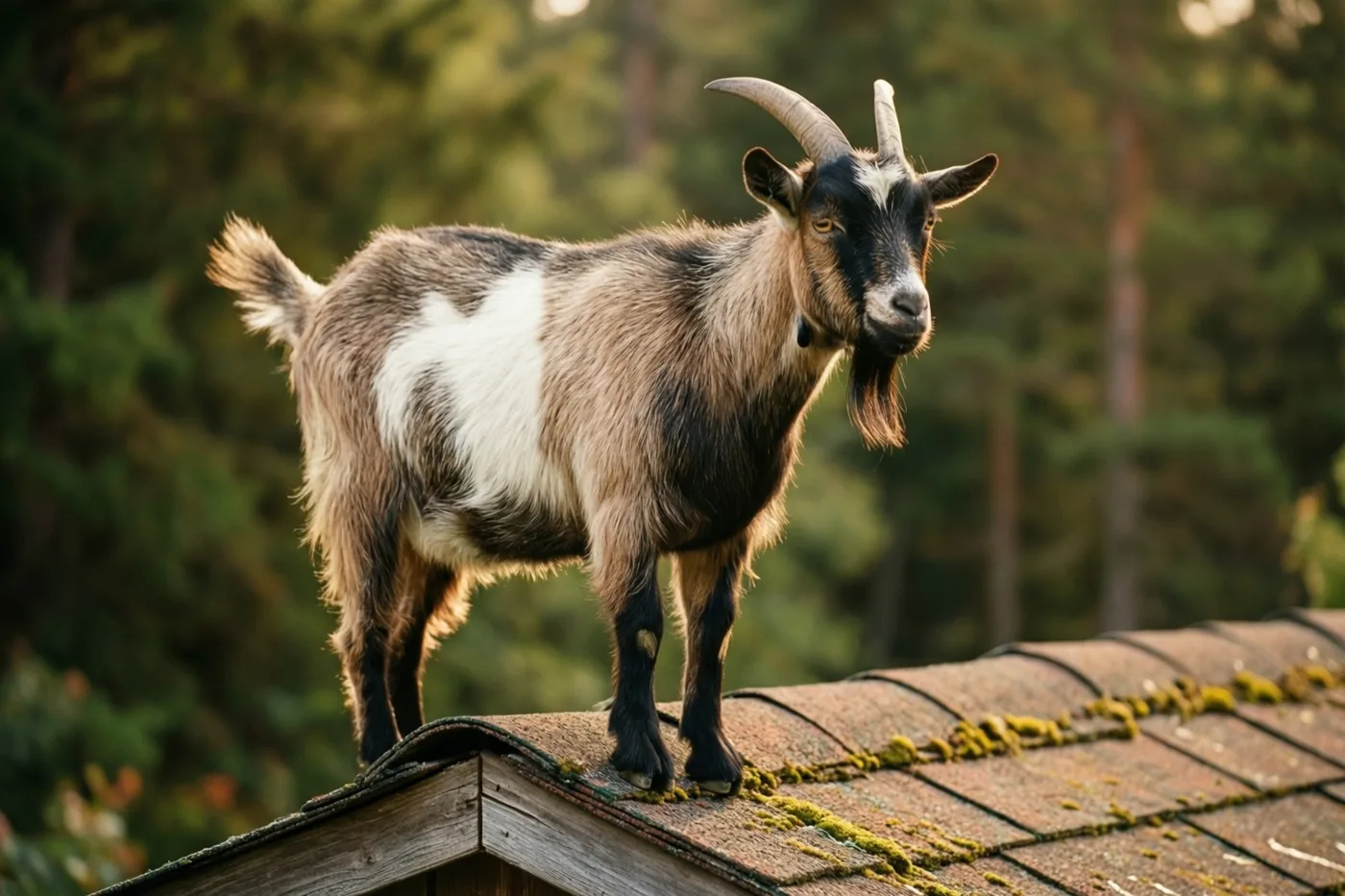 Een geit met gebogen hoorns staat op het bemoste dak van een tuinhuis in warm goudkleurig licht, met een wazig bos op de achtergrond.