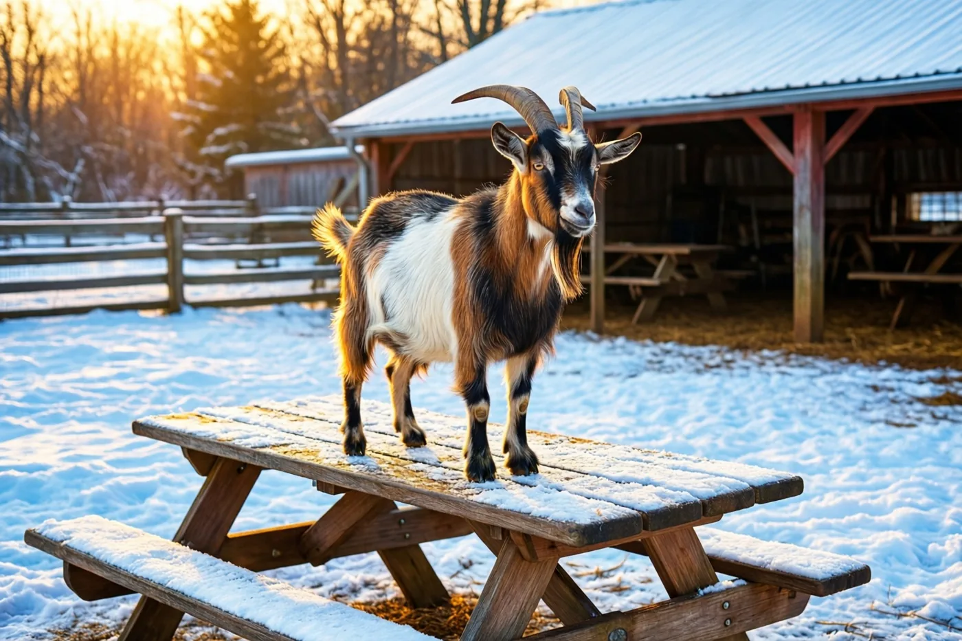 Een geit met gebogen hoorns staat op een licht besneeuwde houten picknicktafel op een besneeuwd erf, met een schuur en hek in het licht van de laagstaande zon.