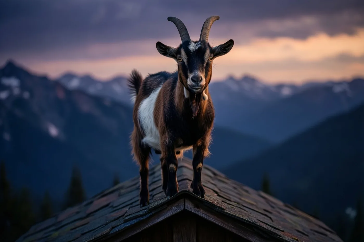 Een geit met gebogen hoorns kijkt recht naar de camera vanaf het dak van een houten schuurtje, met bergen onder een paars-oranje schemerlucht op de achtergrond.