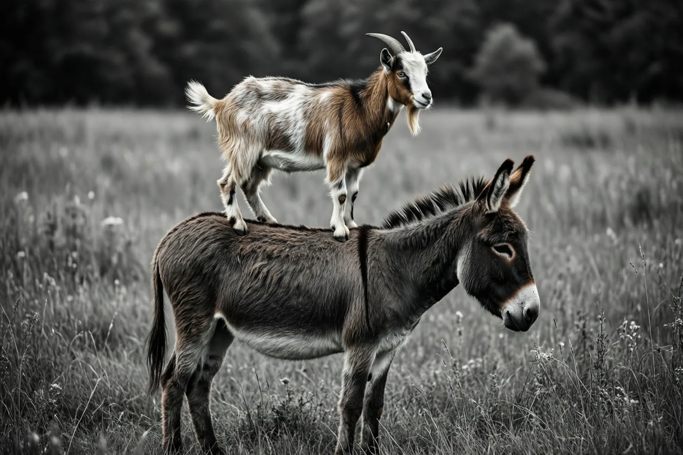 Een geit staat op de rug van een ezel in een grasveld, met de dieren in hun natuurlijke kleuren tegen een zwart-witte, onscherpe bosachtergrond.