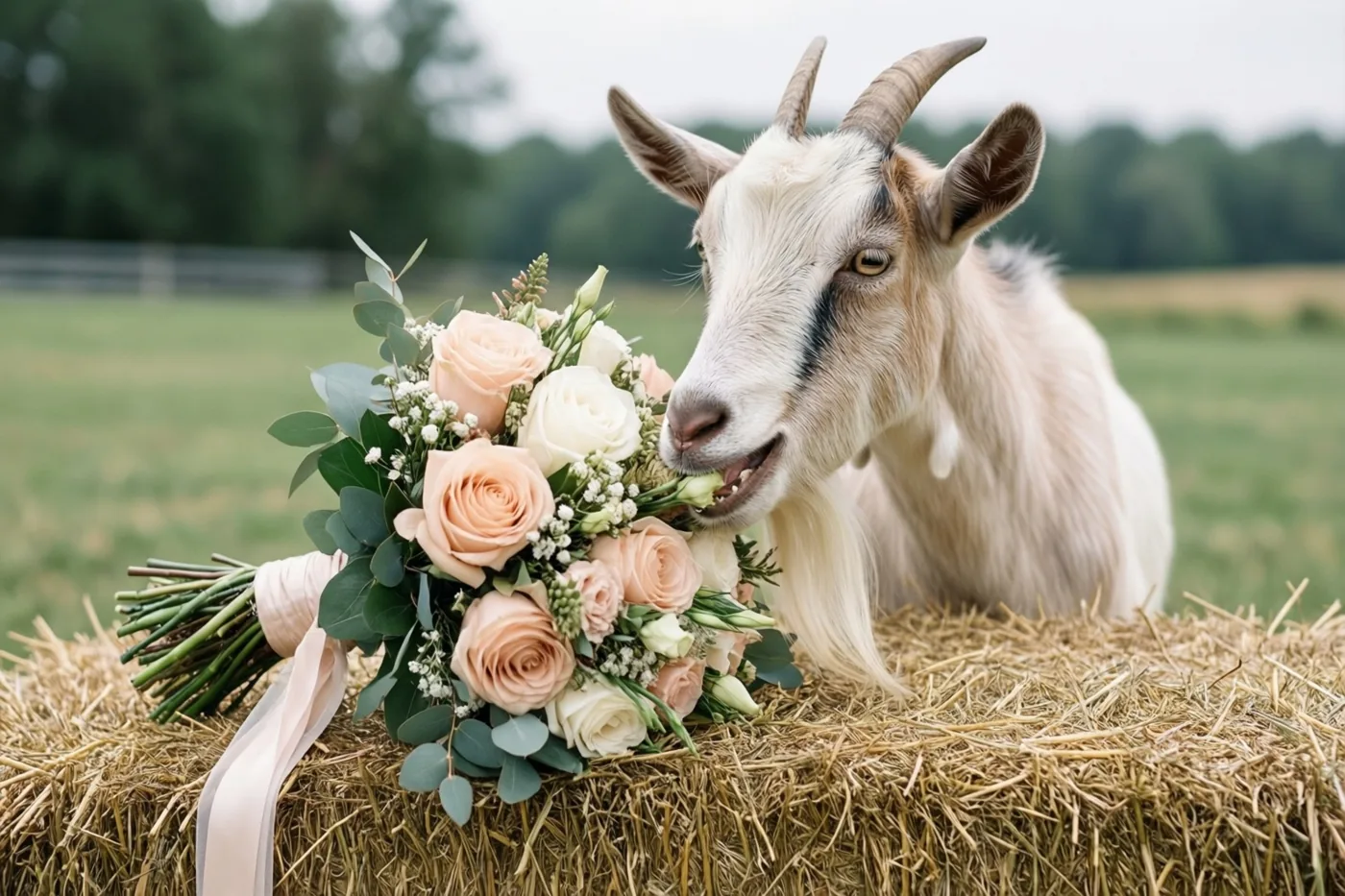 Een geit met gebogen hoorns zit op een hooibaal en knabbelt aan een bruidsboeket met perzikkleurige en witte rozen, in een groene weide met bomen op de achtergrond.