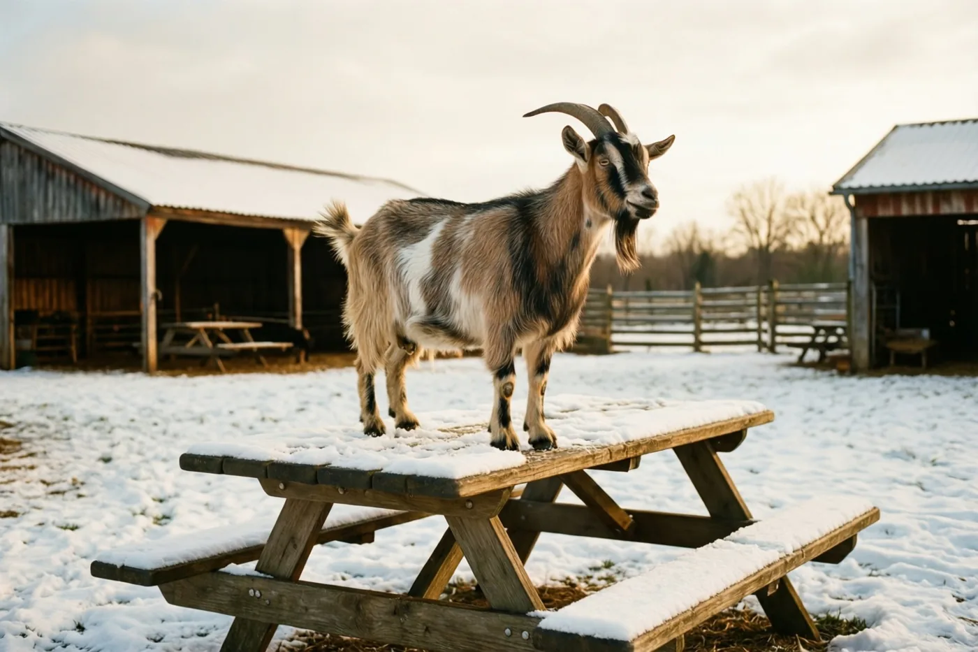 Een geit met gebogen hoorns staat fier op een besneeuwde houten picknicktafel op een winters erf met schuren en een hek onder een bewolkte hemel.